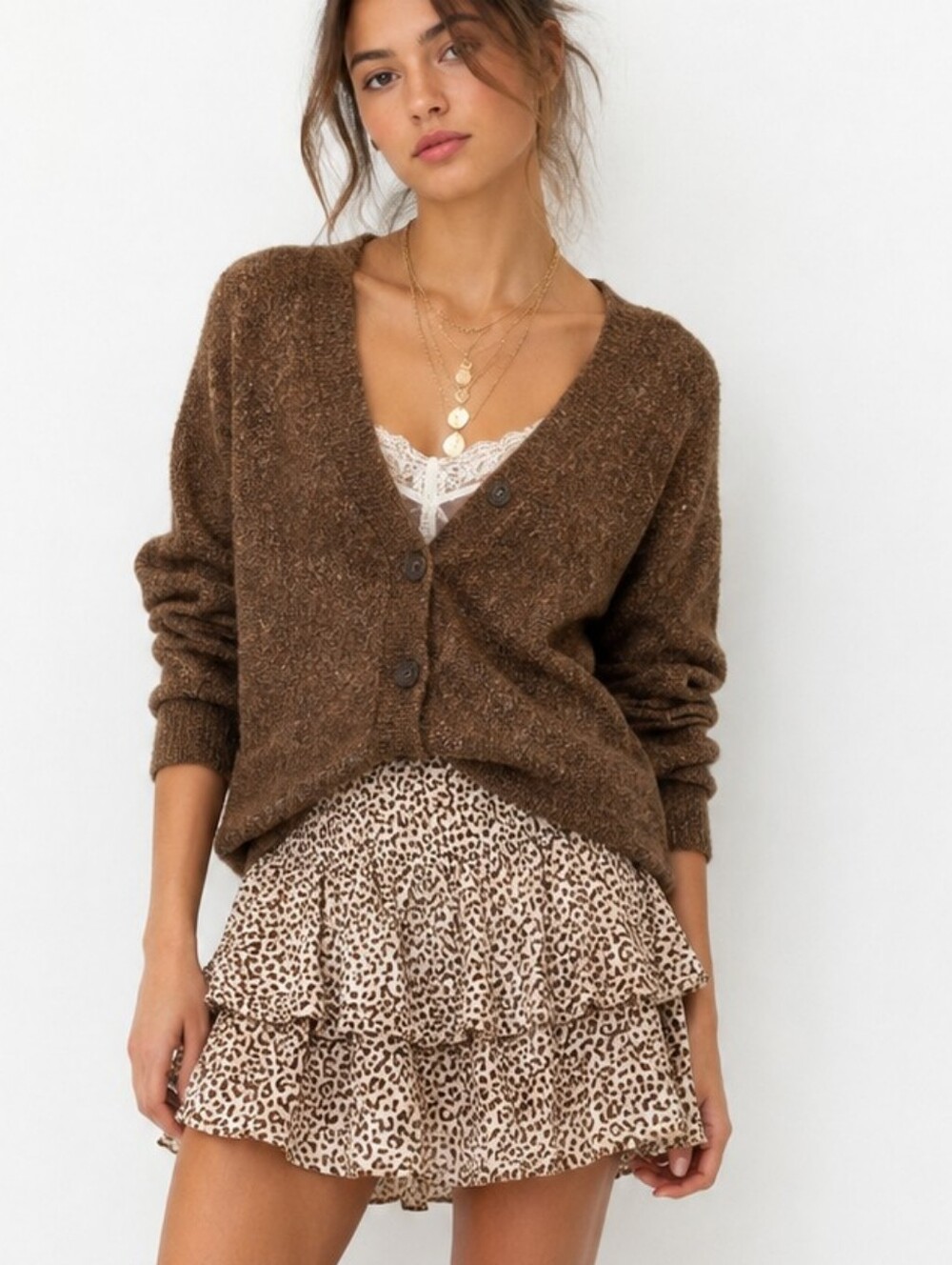 Altar'd State Skirt Boho Leopard ruffle Tiered Mini Skirt